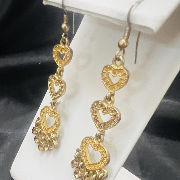 VINTAGE YELLOW RHINESTONE HEART DROP DANGLE & ORANGE RHINESTONE EARRINGS - Picture 4 of 5